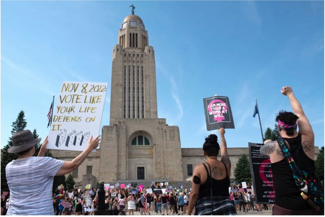 Protestors line the street around the Nebraska State Capital during an Abortion Rights Rally