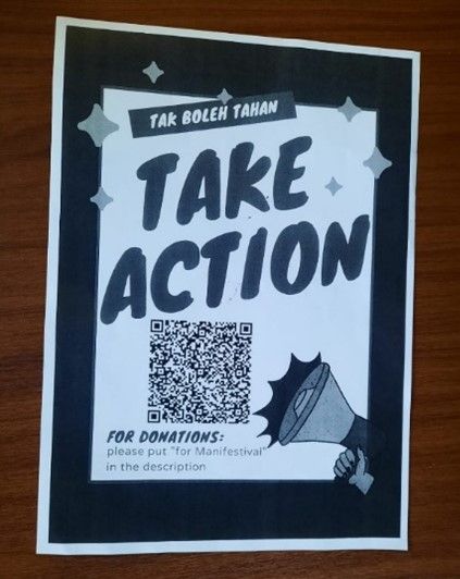 A poster that says "TAKE ACTION" with a megaphone design and a QR code for donations to Manifestival.